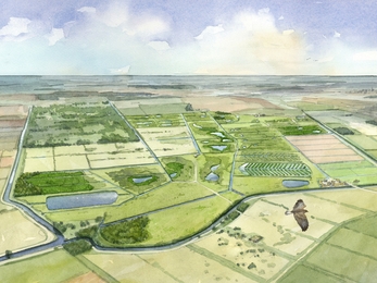 An artists impression, watercolour painted, of what Speechly's Farm will look like after restoration. It shows lush green fields, woodlands, ponds and wet farming fields. 