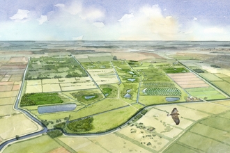 An artists impression, watercolour painted, of what Speechly's Farm will look like after restoration. It shows lush green fields, woodlands, ponds and wet farming fields. 
