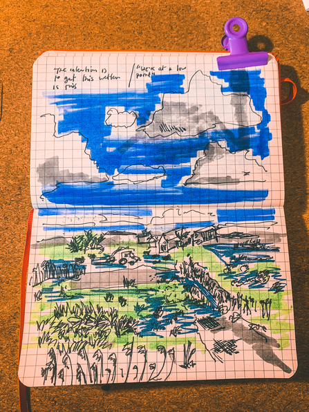 Checked paper notebook laid open to a green and blue sketch of farmland below and large blue skies above