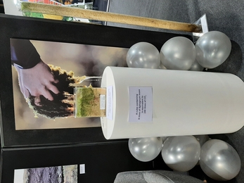 Cube holding moss on a podium surrounded by white balloons