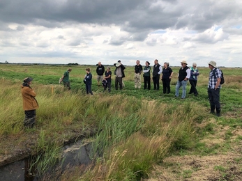 Adults standing on the bank of a water filled drain in a field