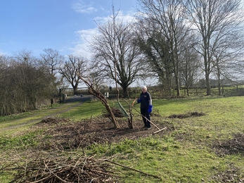 Caroline stands with a rake by trees in a grass field
