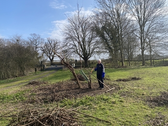 Caroline stands with a rake by trees in a grass field