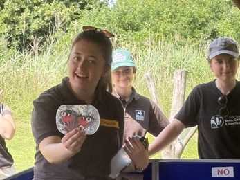 Natalie holding up a picture of a peacock butterfly to a group of school children in the outdoors shelter 