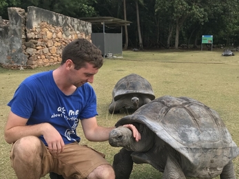 Sam crouches and strokes the neck of a giant tortoise