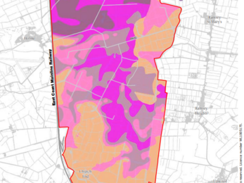 A map of the Great Fen coloured orange, pink and purple to show peat depth. Purple being deepest peat