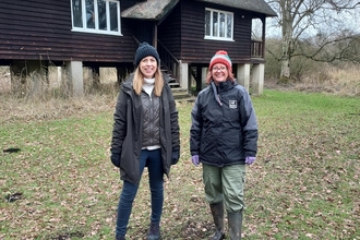 Lisa Davenport of Bright Culture with Rebekah O'Driscoll of Wildlife Trust BCN at Woodwalton Fen by Rothschild's Bungalow