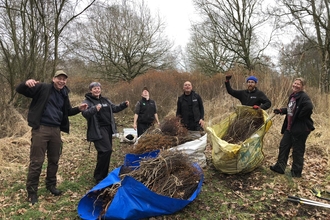 Natural England and Wildlife Trust colleagues stand around bags of bog myrtle cuttings cheering for the camera