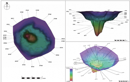 Views of extraction/impact crator, showing 3D located finds