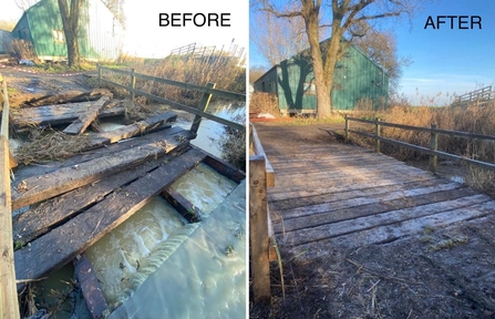 Flood damage and repair to bridge near work base at Woodwalton Fen