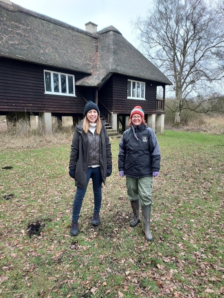 Lisa Davenport of Bright Culture with Rebekah O'Driscoll of Wildlife Trust BCN at Woodwalton Fen by Rothschild's Bungalow