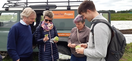 Standing in front of a dark green vehicle are a mam with blonde hair, a lady with short blonde hair holding moss, a lady with purple short hair and a man with short brown hair also holding moss