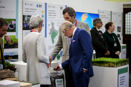King Charles leans in to hold a sample from a bag labelled BeadaGro: Sphagnum Biomass for Peat-free Growing Media. A man and a woman stand either side explaining the product. They stand in front of a tray of green sphagnum moss.  