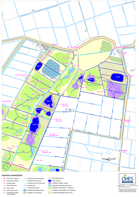 Illustrated map of Speechly's Farm showing colour-coded areas of various habitat 