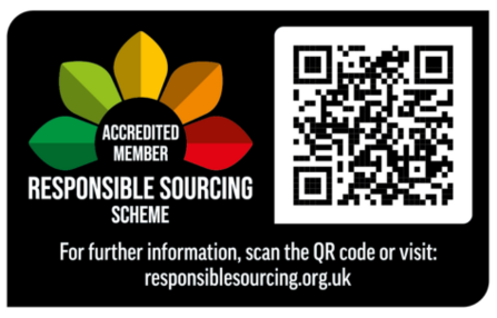 Responsible Sourcing Scheme logo with QR code to scan. visit responsiblesourcing.org.uk