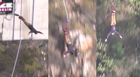 A trio of screenshots of Sam bungee jumping
