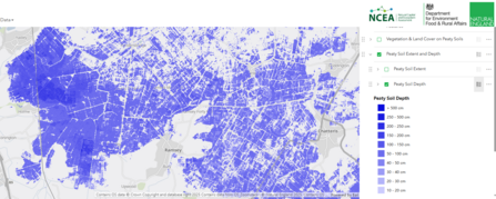 Screenshot of the England Peat Map focused on the Ramsey Fens, showing peat in blue with darker blue meaning deeper peat. 