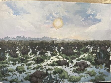 A painting of sun shining over a wet fen meadow