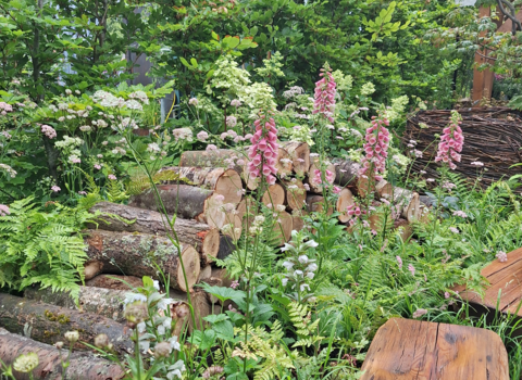 Log pile with foliage and flowers 