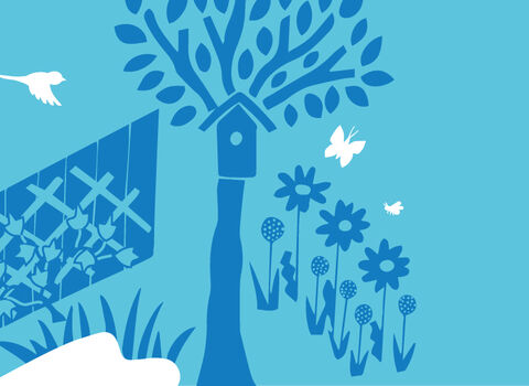 Blue silhouette of tree, fence and flowers