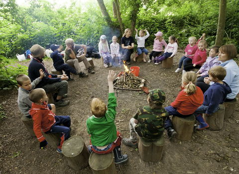 children and adults sat on logs around a camp fire